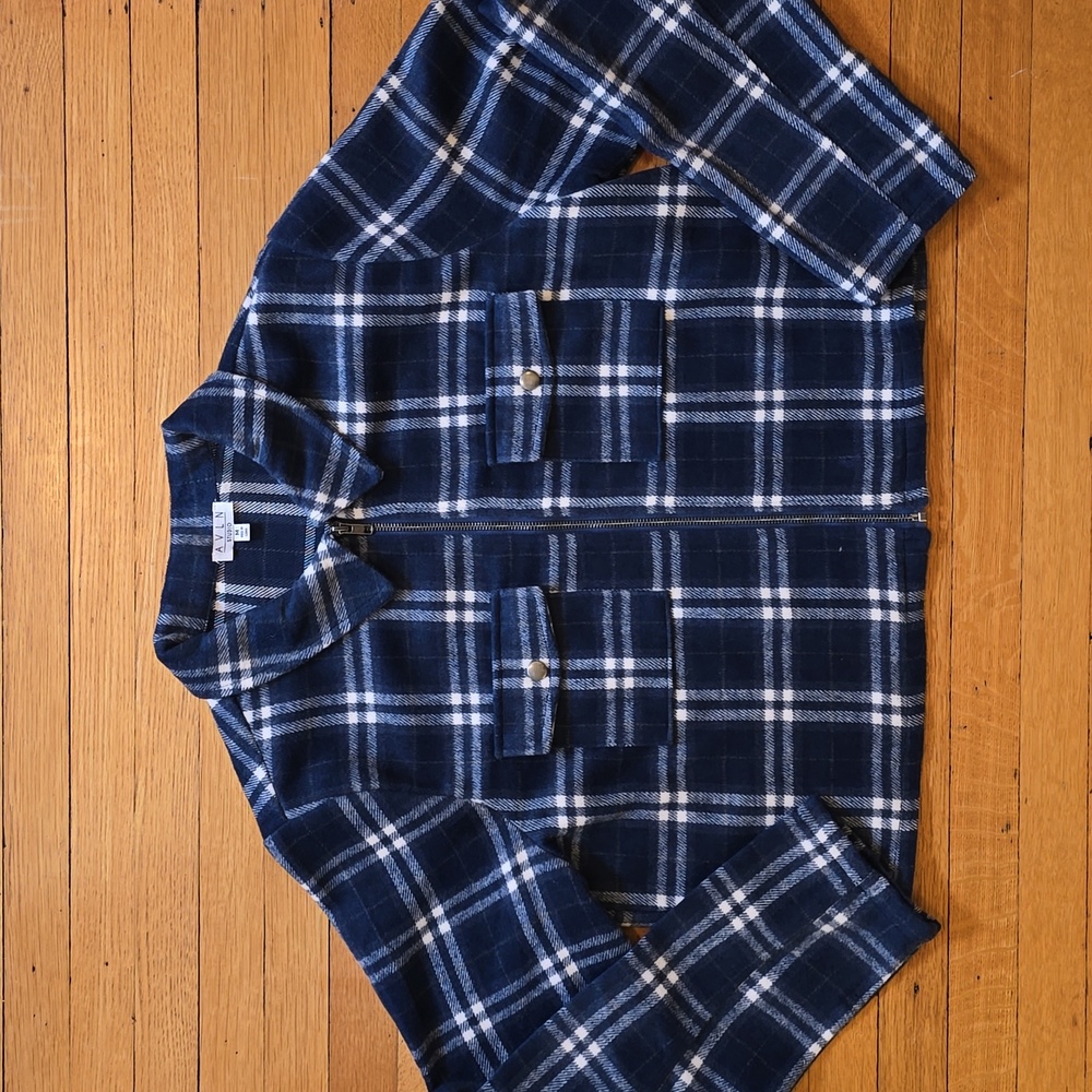 AVLN Studio Emily Blue Flannel Zip-Up Shacket, Two Chest Pockets, Women's Size M